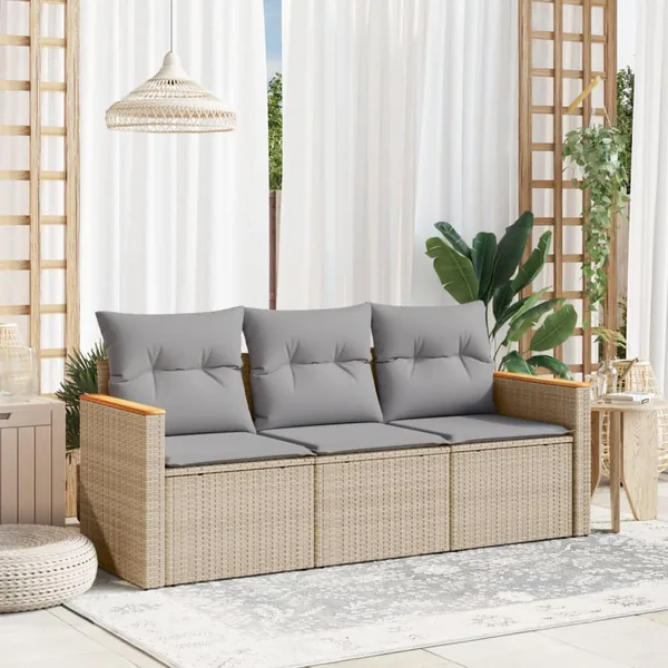 Salon de jardin avec coussins 3 pcs beige résine tressée