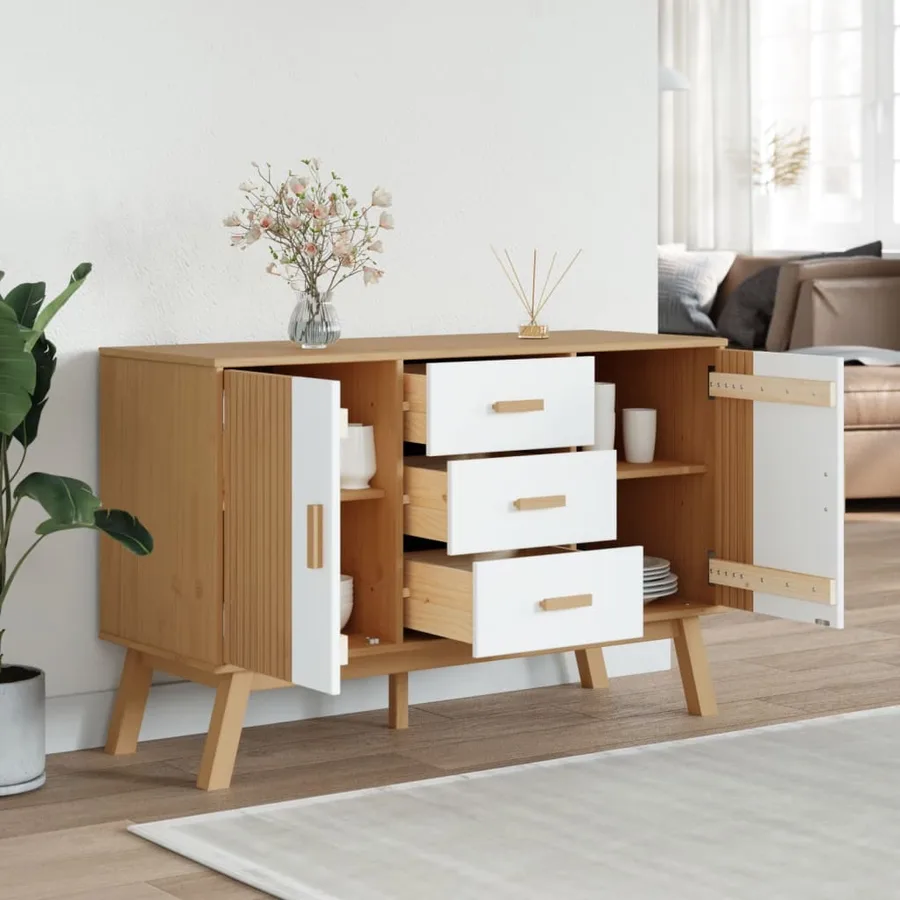 Buffet OLDEN blanc et marron 114x43x73,5 cm bois massif de pin - 4