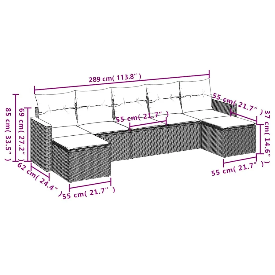 Salon de jardin 7 pcs avec coussins noir résine tressée 55 x 62 x 69 cm - 55,2 kg - 3