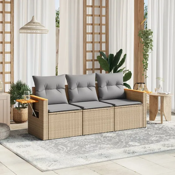 Salon de jardin avec coussins 3 pcs beige résine tressée