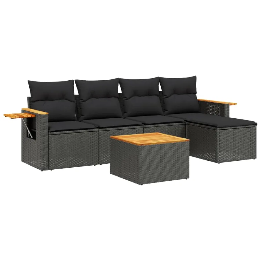 Salon de jardin 6 pcs avec coussins noir résine tressée - 2