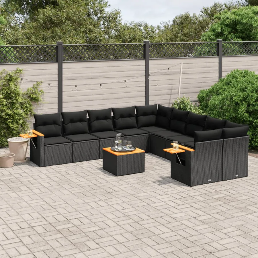 Salon de jardin 11 pcs avec coussins noir résine tressée