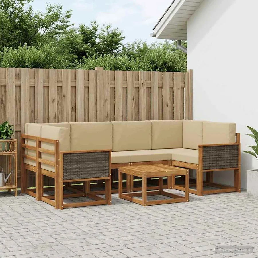 Ensemble de canapés d'extérieur avec coussin 5 pcs Naturel