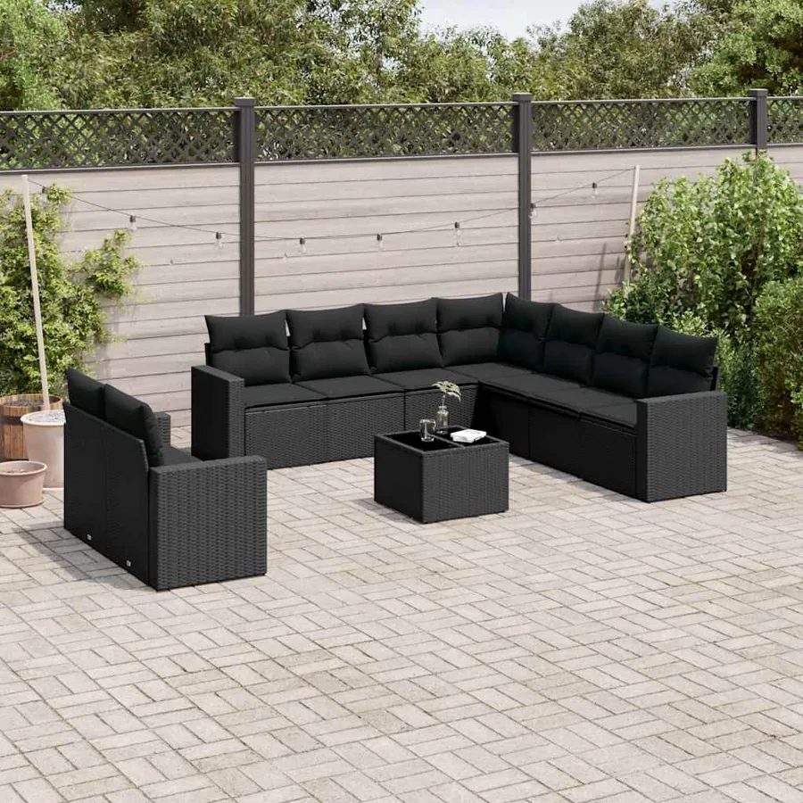 Salon de jardin 10 pcs avec coussins noir résine tressée