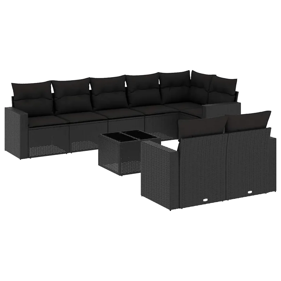 Salon de jardin 9 pcs avec coussins noir résine tressée - 2