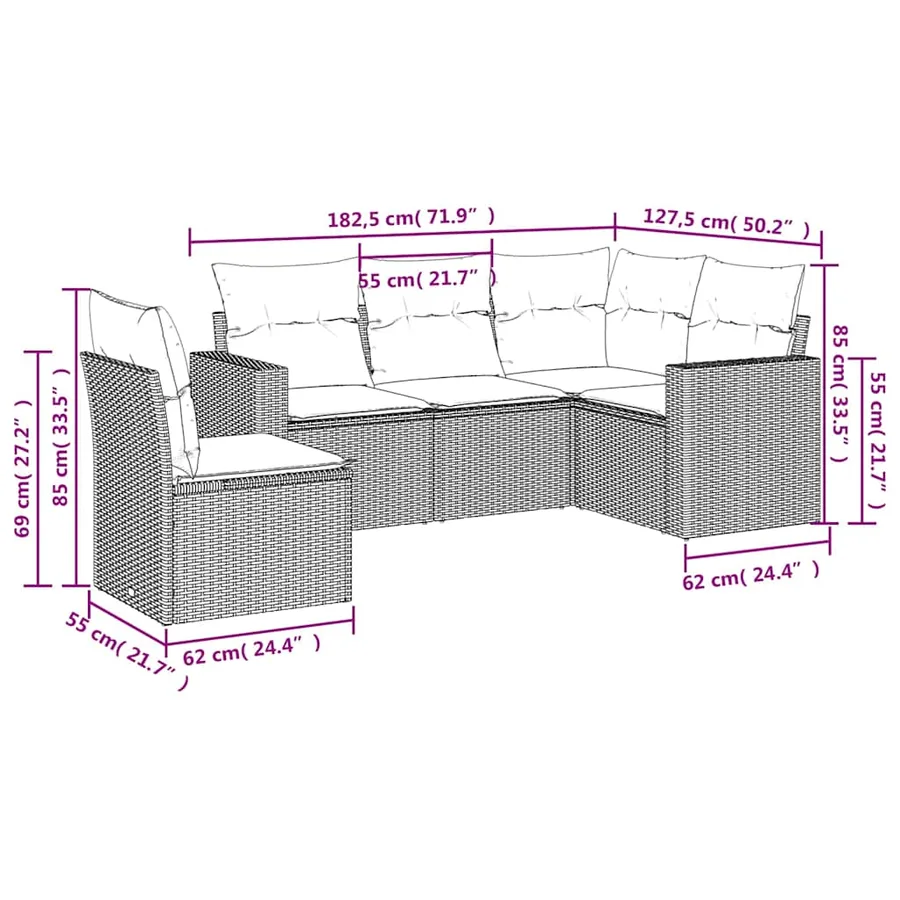 Salon de jardin 5 pcs avec coussins noir résine tressée - 3