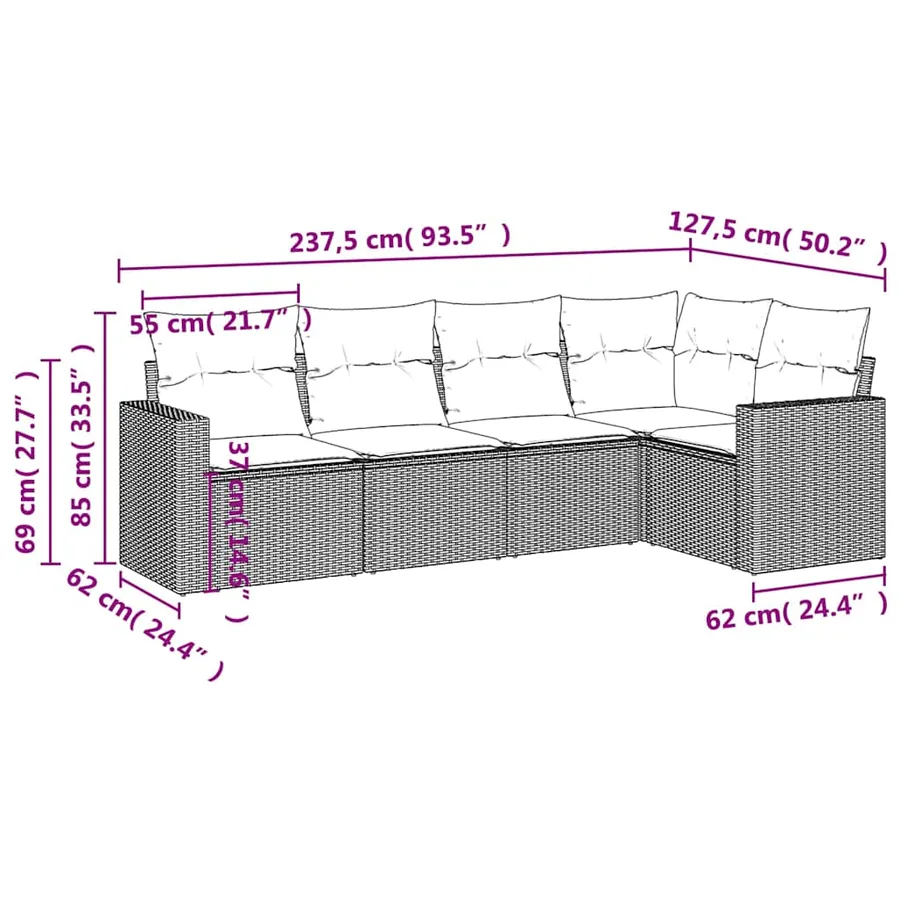 Salon de jardin 5 pcs avec coussins noir résine tressée - 7