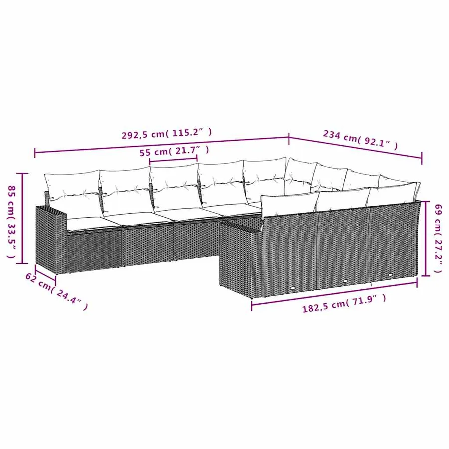 Salon de jardin 10 pcs avec coussins noir résine tressée - 7