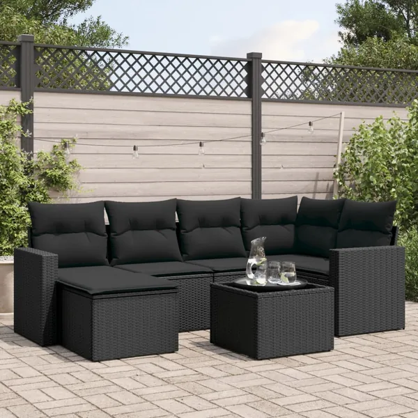 Salon de jardin 7 pcs avec coussins noir résine tressée 65,5 x 62 x 69 cm - 56,2 kg
