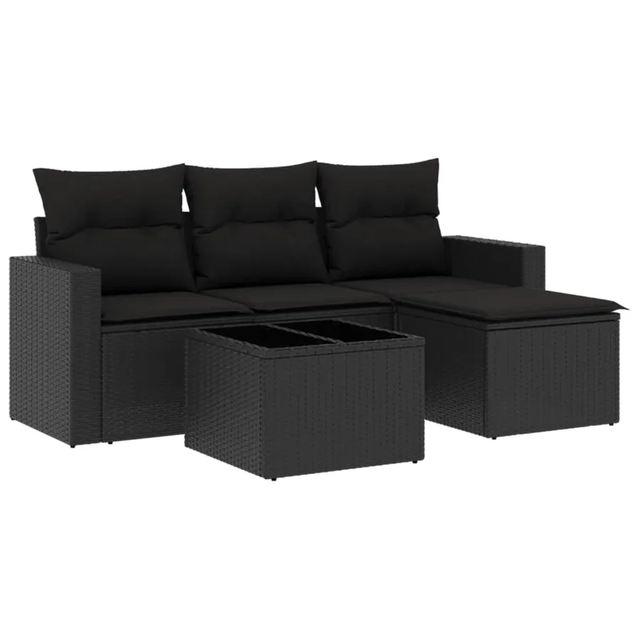 Salon de jardin 5 pcs avec coussins noir résine tressée - 2