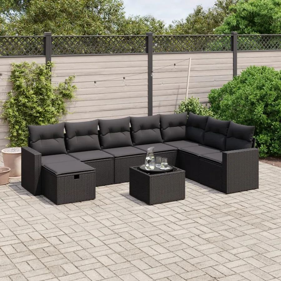 Salon de jardin 9 pcs avec coussins noir résine tressée