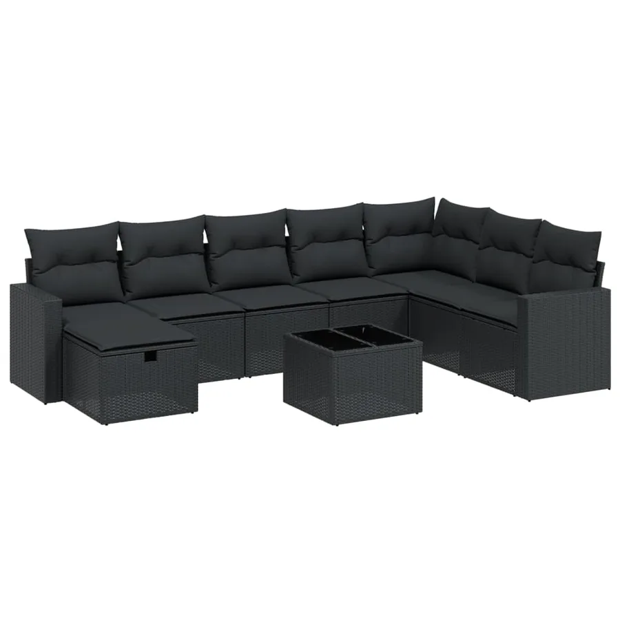 Salon de jardin 9 pcs avec coussins noir résine tressée - 2