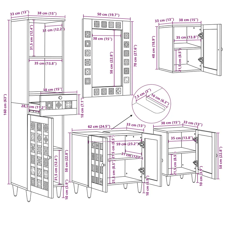 Ensemble de mobilier de salle de bain avec tiroir 5 pcs Naturel - 18