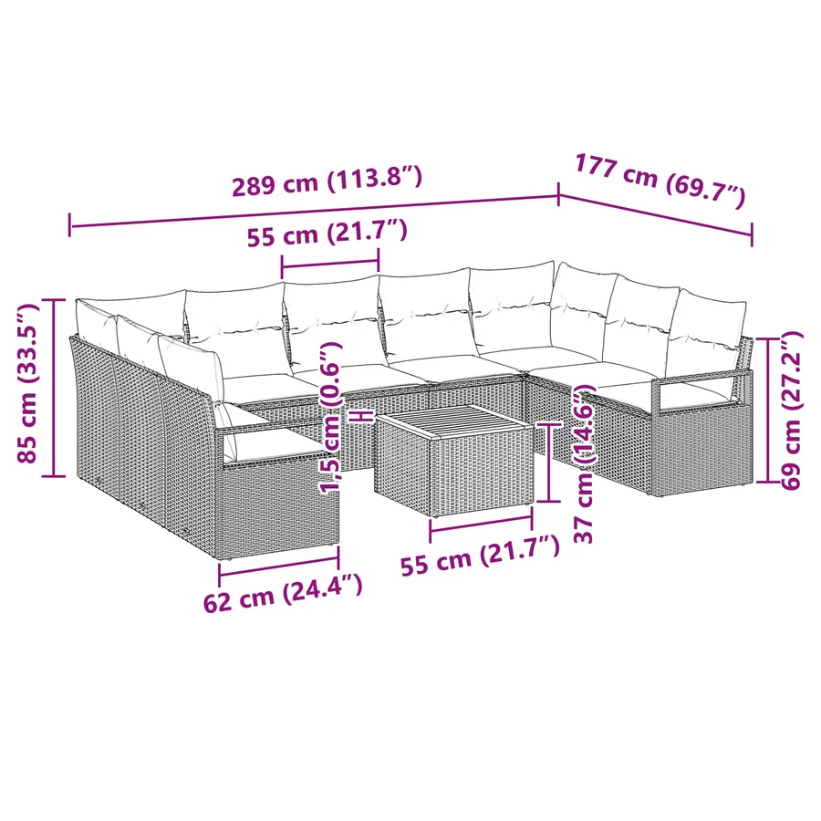 Ensemble de canapé de jardin avec coussin 10 pcs Gris polyrotin - 9