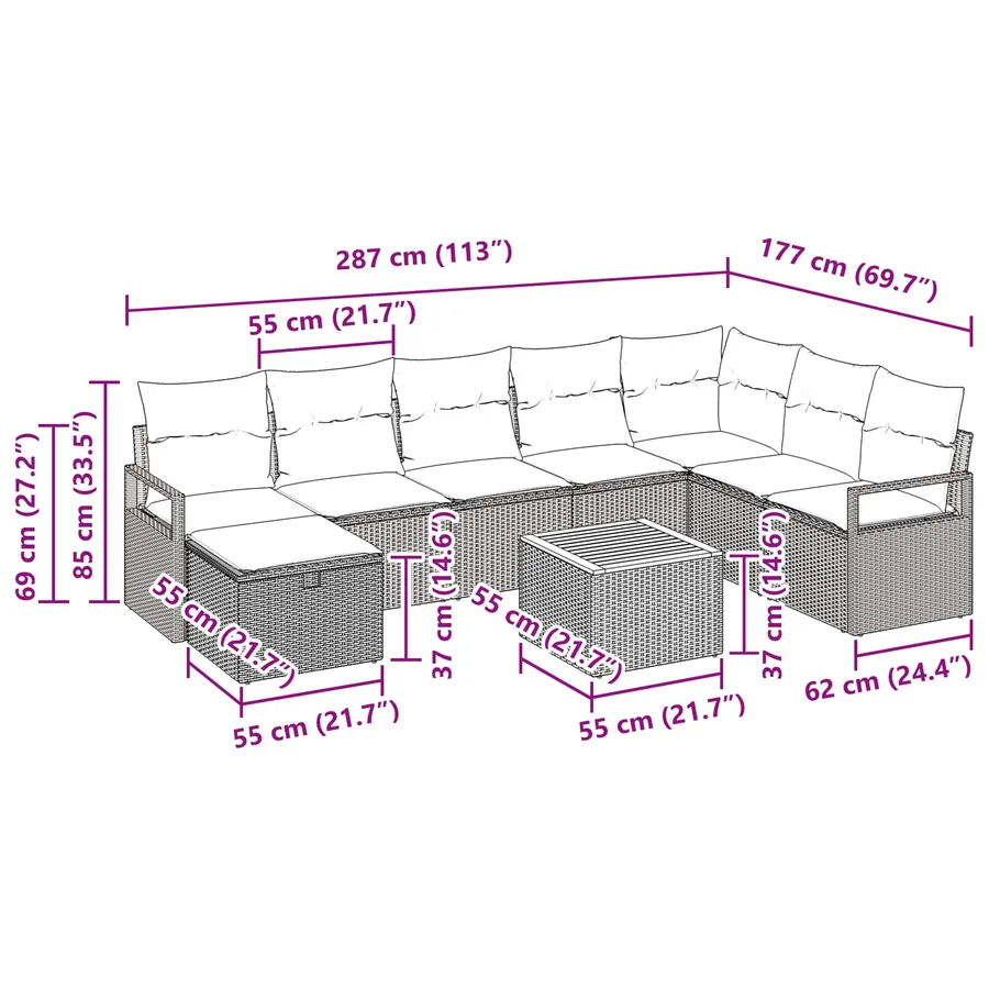 Ensemble de canapé de jardin avec coussin 9 pcs Gris polyrotin - 11