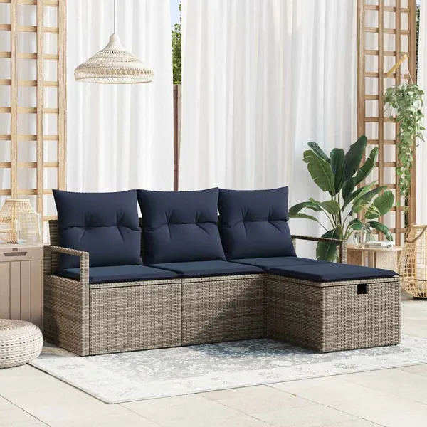 Ensemble de Canapés avec coussin 4 pcs Gris et marine polyrotin