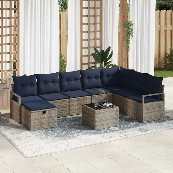 Ensemble de Canapés avec coussin 9 pcs Gris polyrotin
