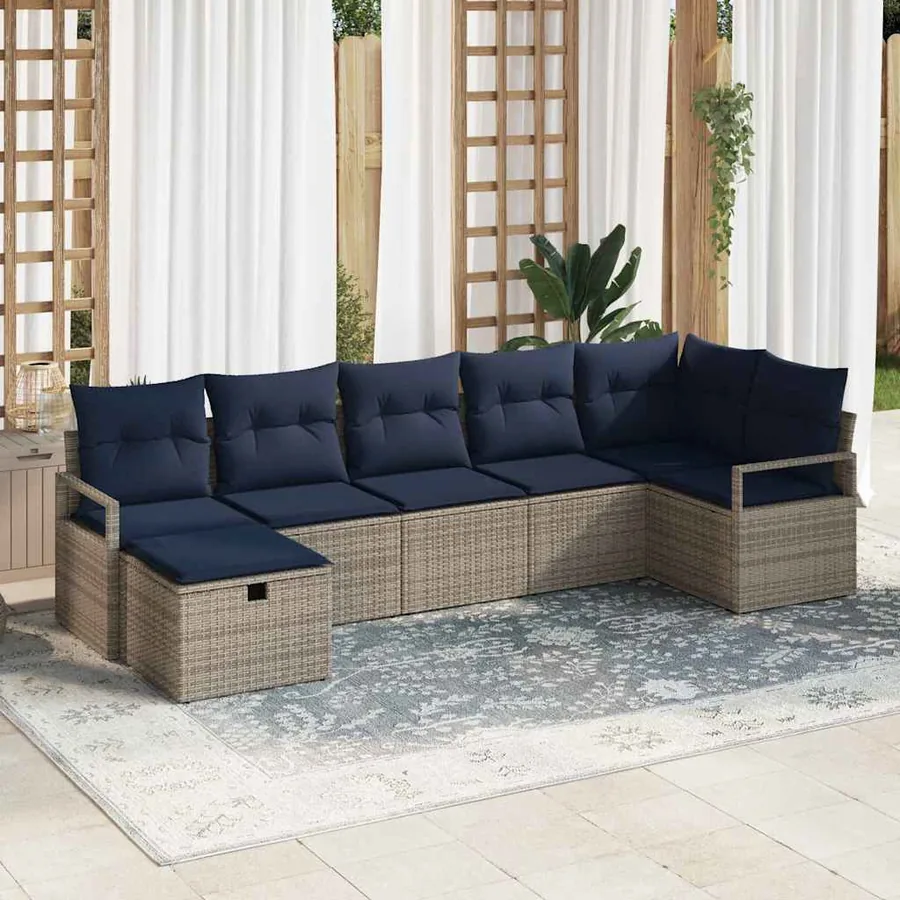 Ensemble de Canapés avec coussin 7 pcs Gris et marine polyrotin