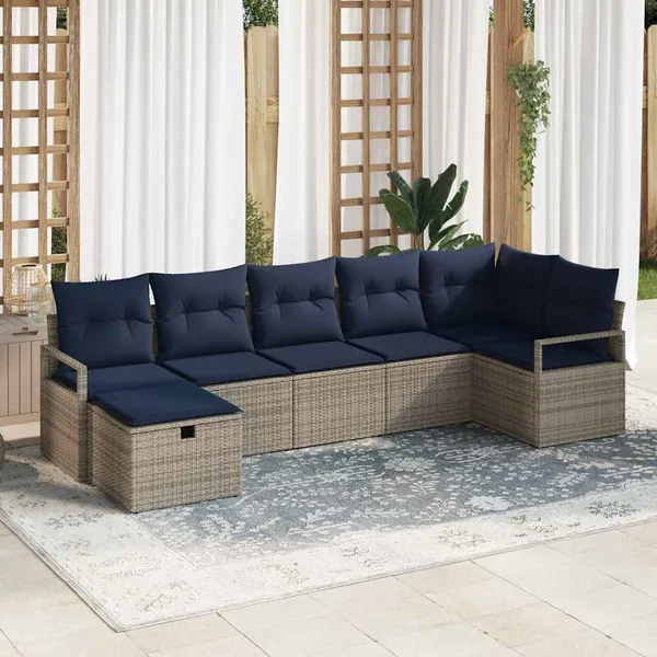 Ensemble de Canapés avec coussin 7 pcs Gris et marine polyrotin