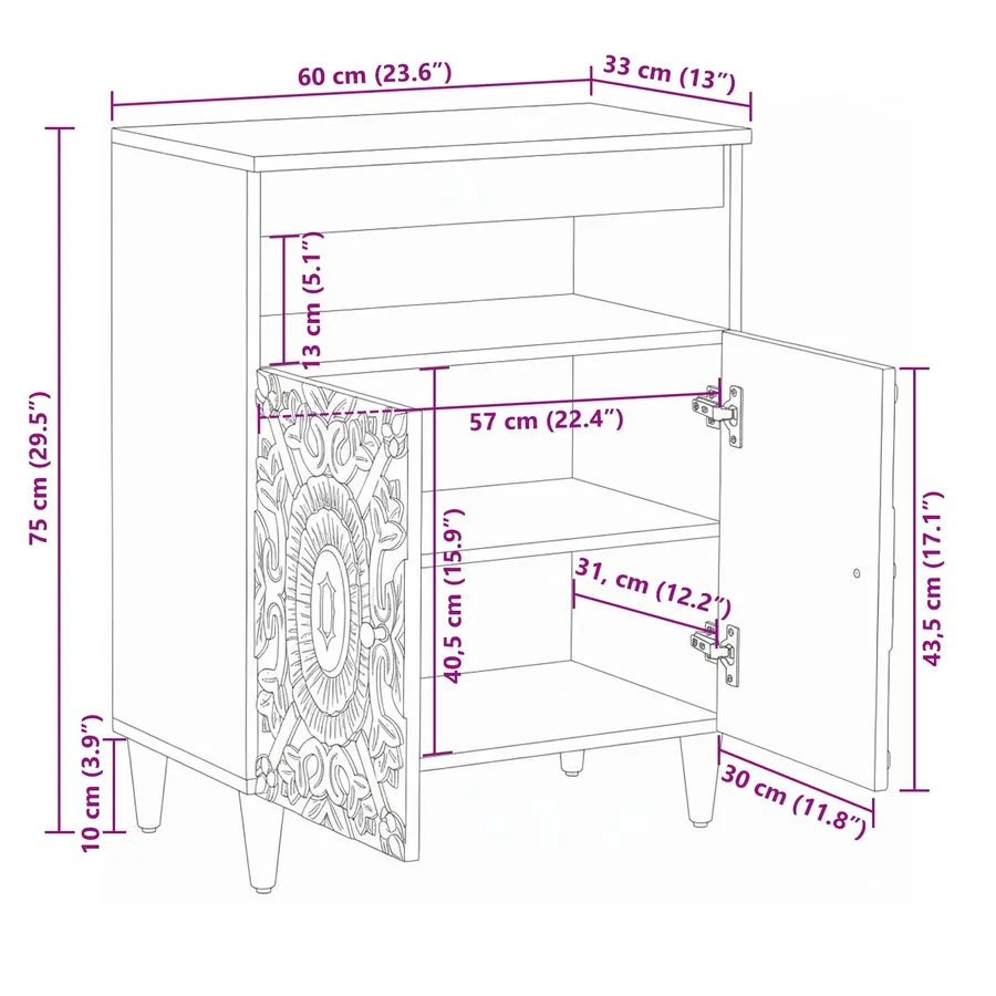 Buffet avec porte Blanc 60 x 33,5 x 75 cm Bois de mangue massif - 11