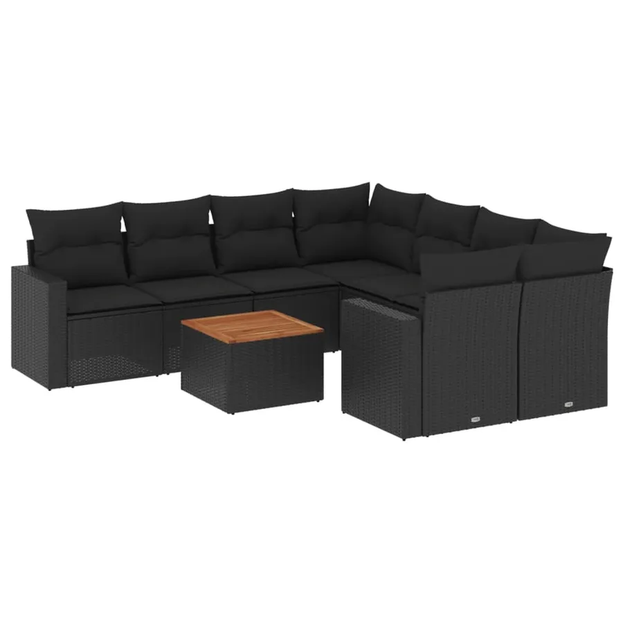 Salon de jardin 9 pcs avec coussins noir résine tressée - 2