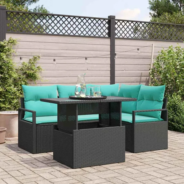 Ensemble de canapé de jardin 5 pcs Noir et bleu polyrotin