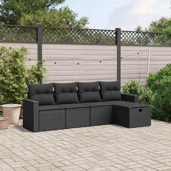Salon de jardin 5 pcs avec coussins noir résine tressée