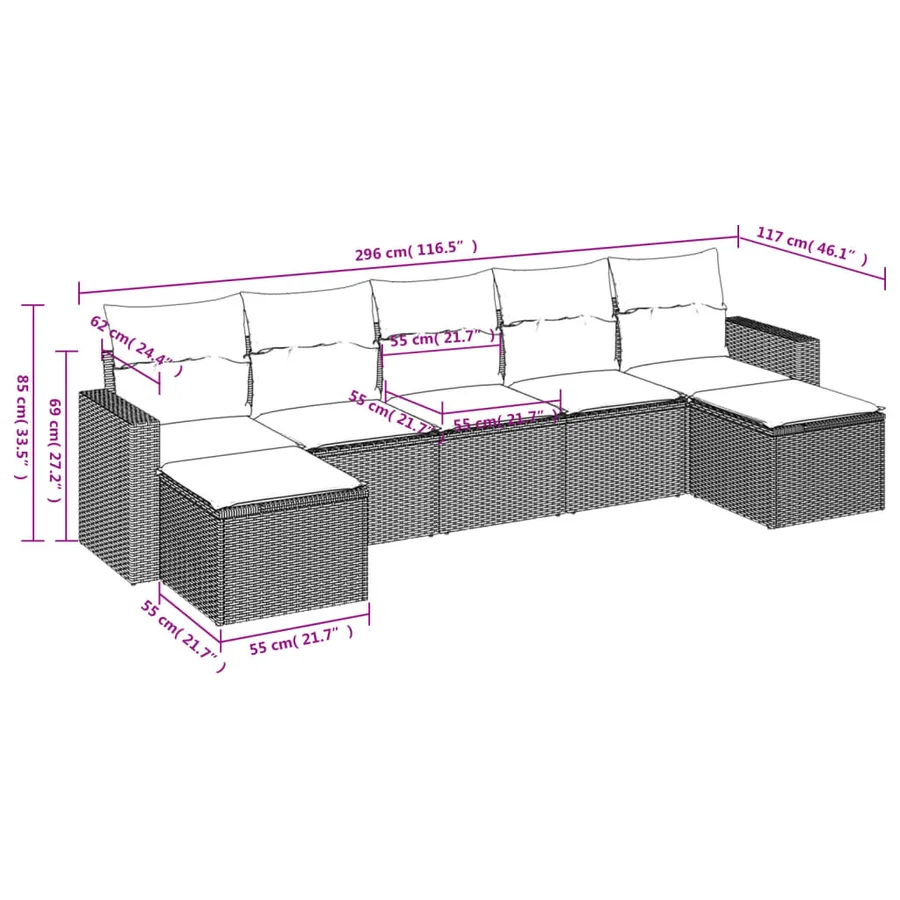 Salon de jardin 7 pcs avec coussins noir résine tressée 65,5 x 62 x 69 cm - 52,2 kg - 3