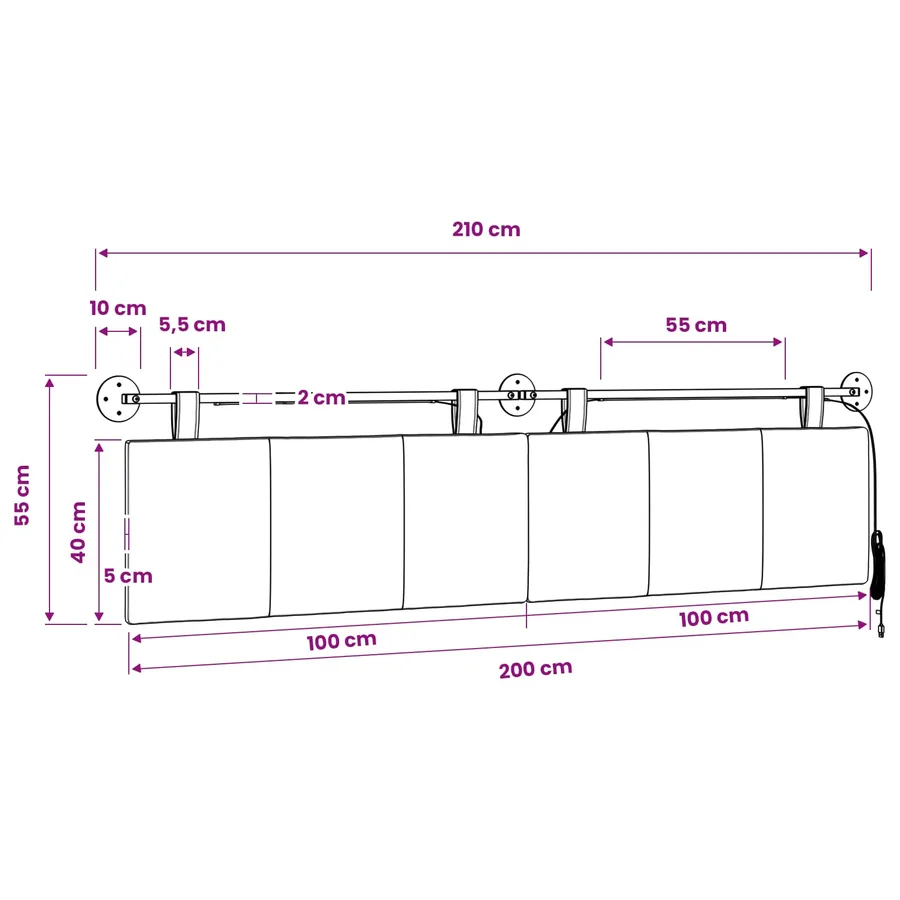 Tête de lit suspendue Avec lumière LED Bleu Tissu - 13