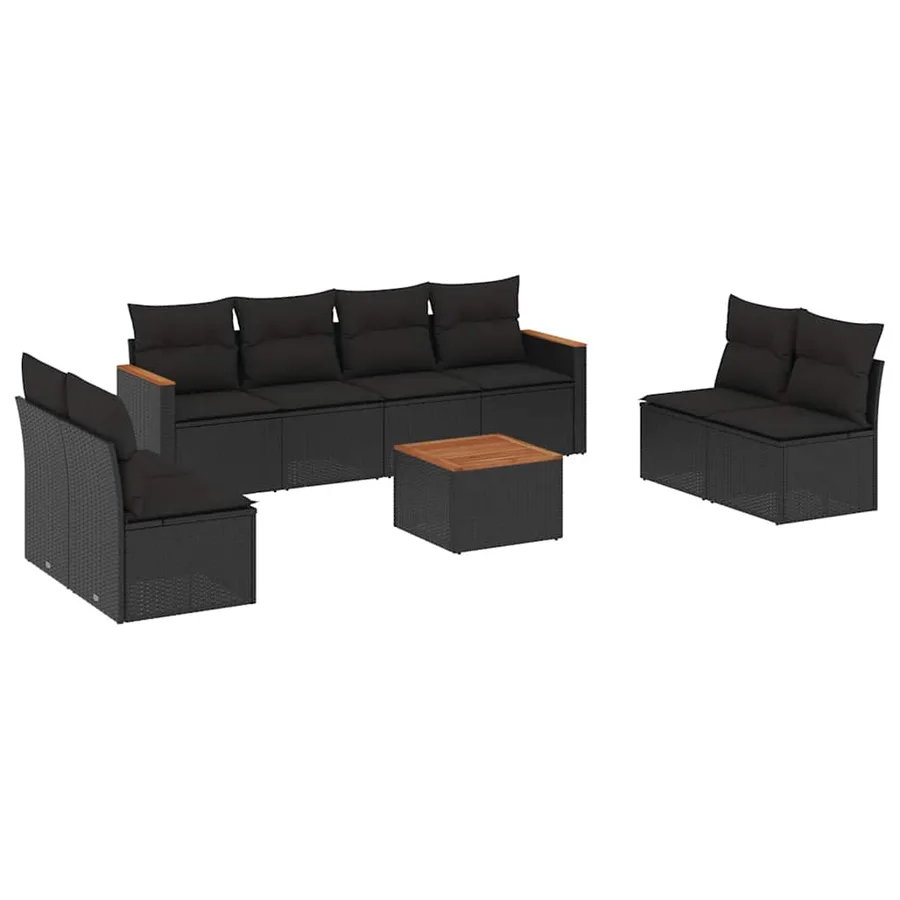 Salon de jardin 9 pcs avec coussins noir résine tressée - 2