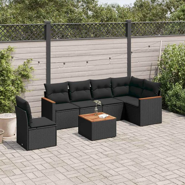 Salon de jardin 7 pcs avec coussins noir résine tressée 62 x 62 x 69 cm - 55,3 kg