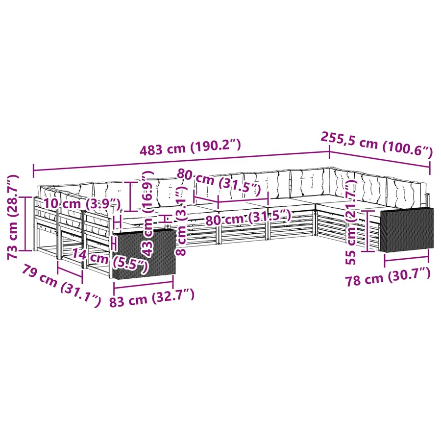 Ensembles de canapés avec coussin 10 pcs Bois d'Acacia Massif - 8