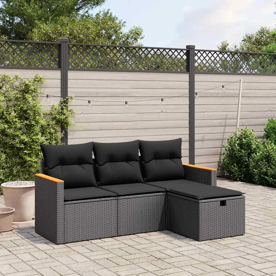 Salon de jardin 4 pcs avec coussins noir résine tressée