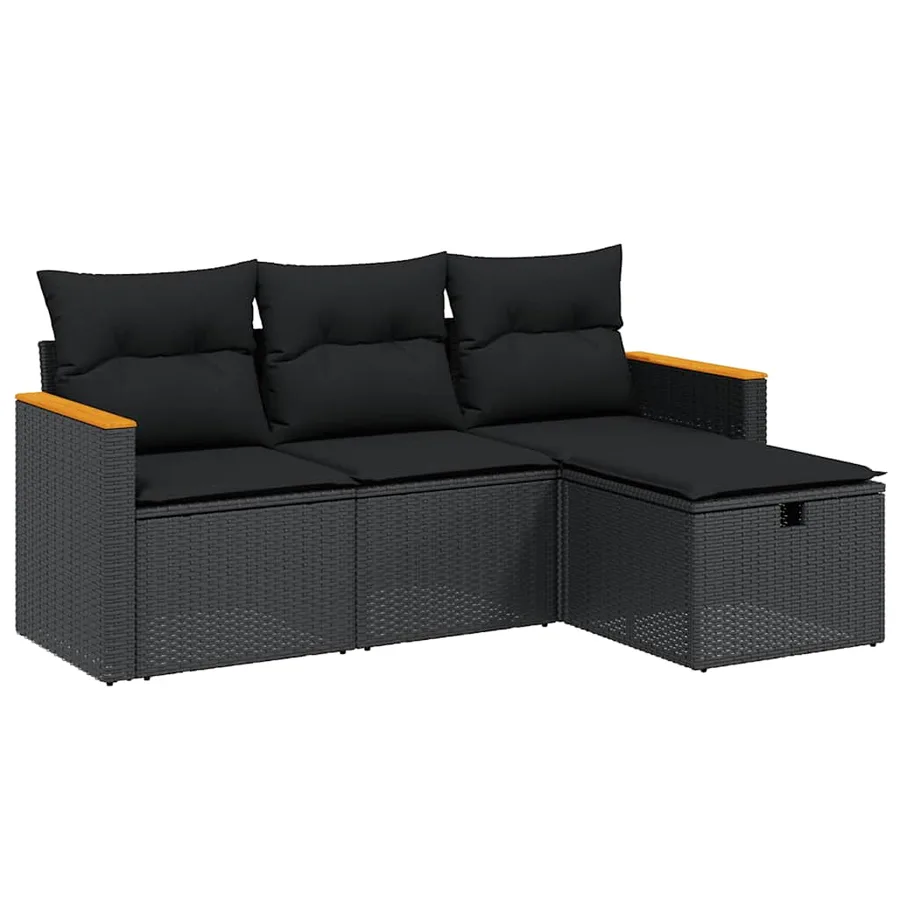 Salon de jardin 4 pcs avec coussins noir résine tressée - 2