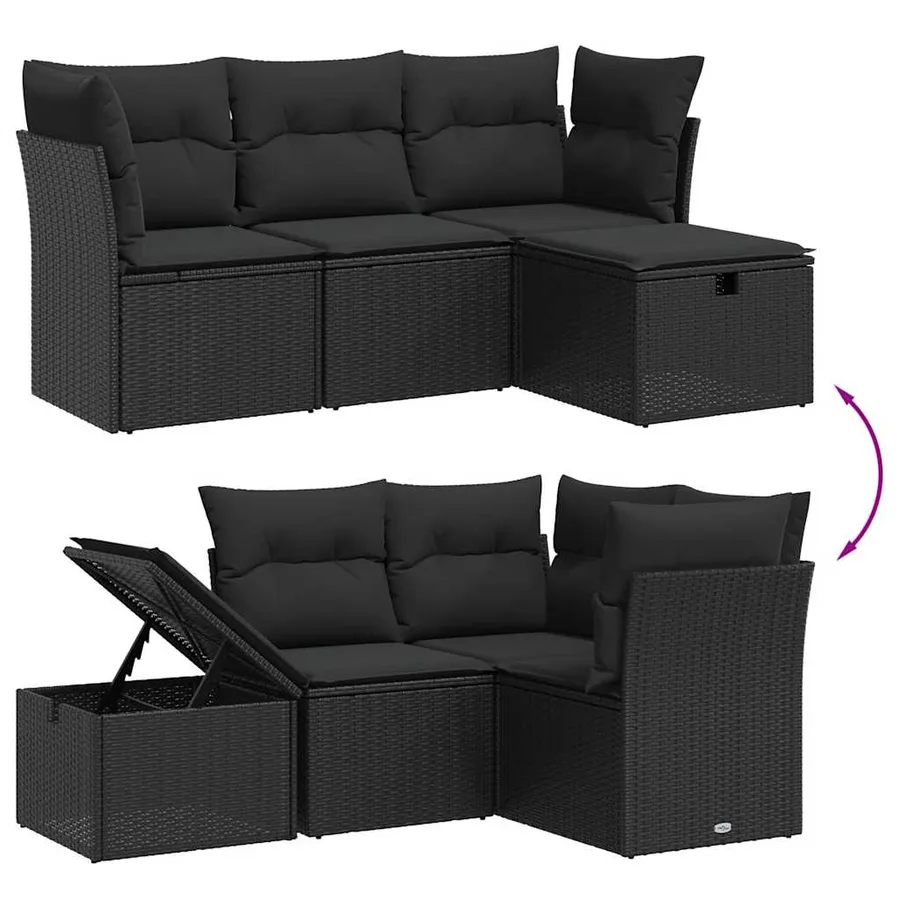 Salon de jardin 4 pcs avec coussins noir résine tressée - 3
