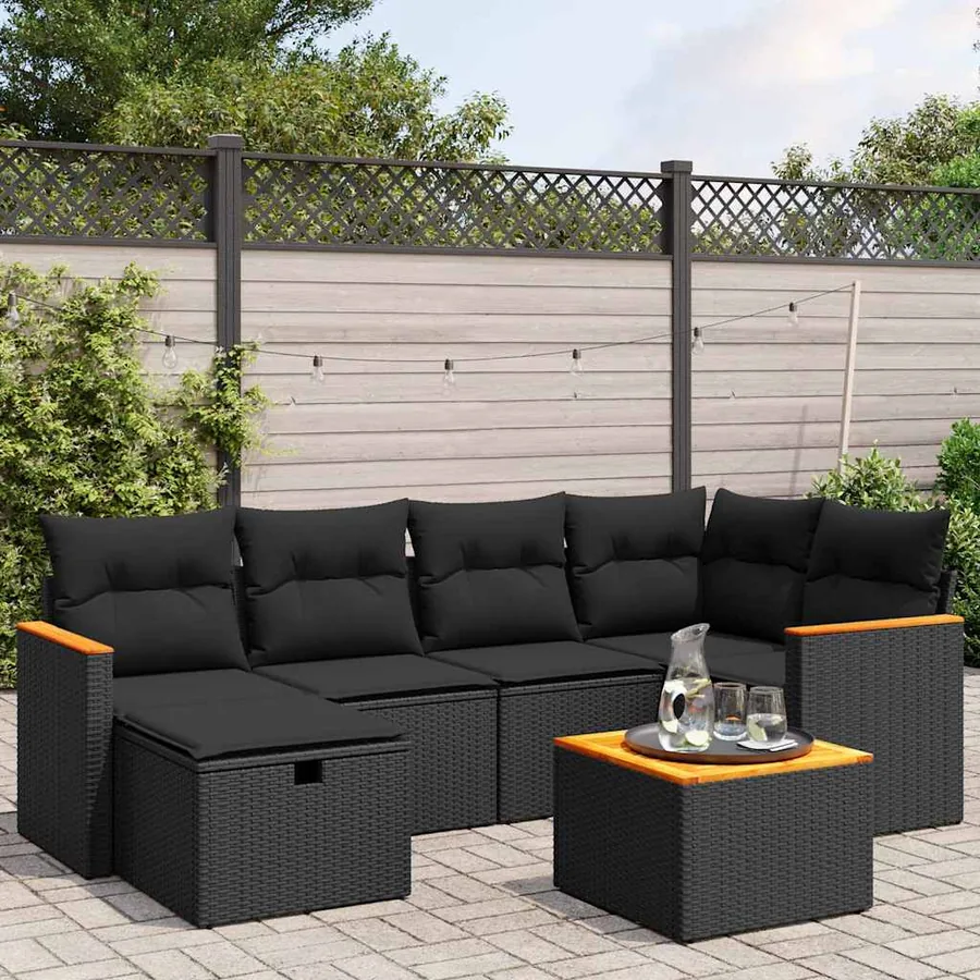 Salon de jardin 7 pcs avec coussins noir résine tressée 62 x 62 x 69 cm - 56,8 kg