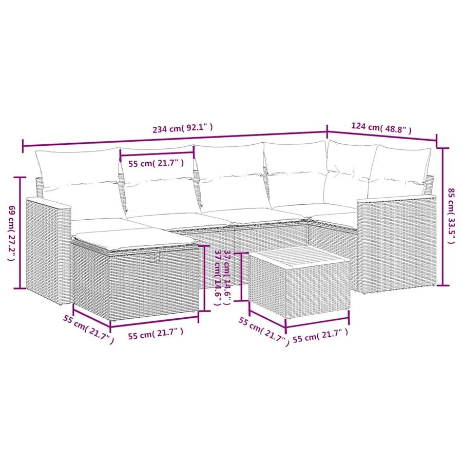 Salon de jardin 7 pcs avec coussins noir résine tressée 62 x 62 x 69 cm - 56,8 kg - 4