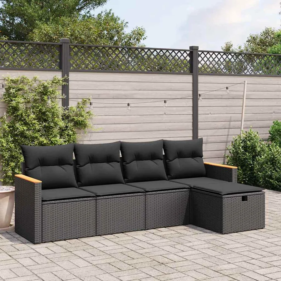 Salon de jardin 5 pcs avec coussins noir résine tressée