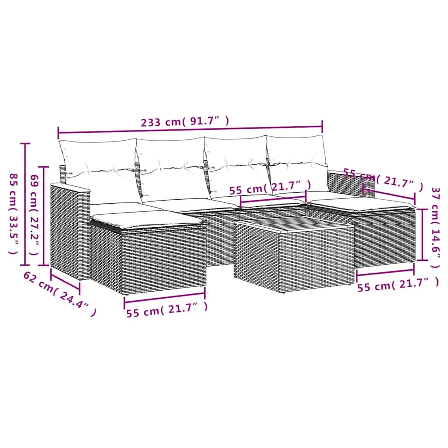 Salon de jardin 7 pcs avec coussins noir résine tressée 55 x 62 x 69 cm - 52,2 kg - 8