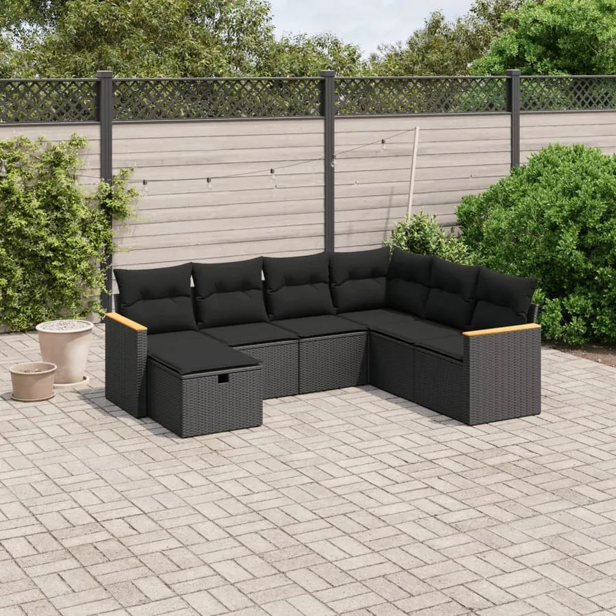 Salon de jardin 7 pcs avec coussins noir résine tressée 62 x 62 x 69 cm - 54,7 kg