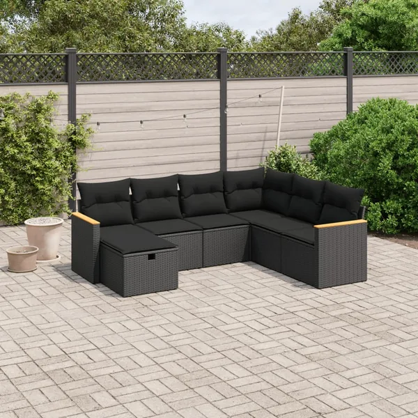 Salon de jardin 7 pcs avec coussins noir résine tressée 62 x 62 x 69 cm - 54,7 kg