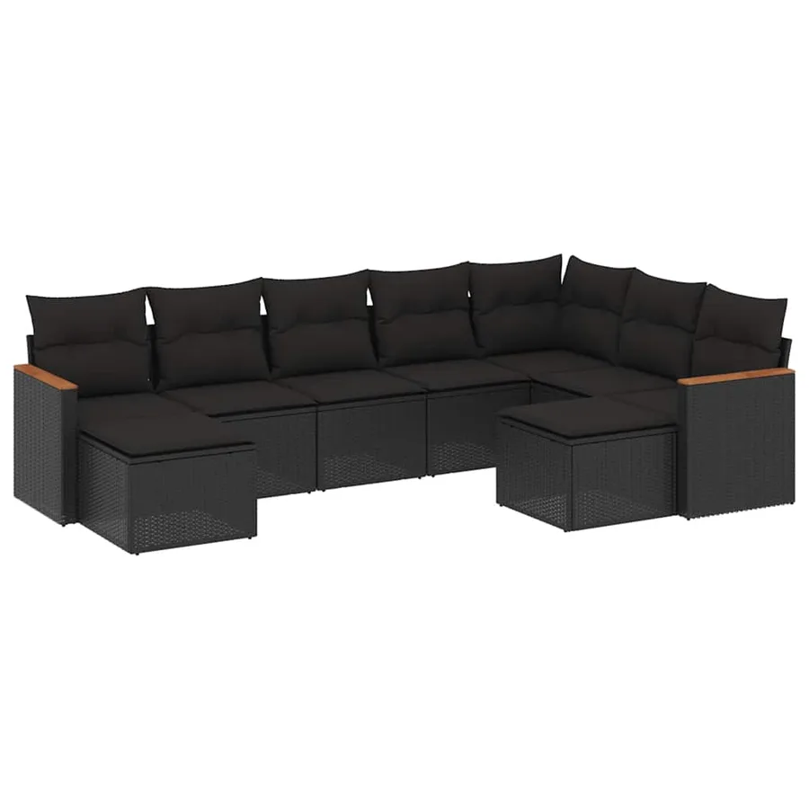 Salon de jardin 9 pcs avec coussins noir résine tressée - 2