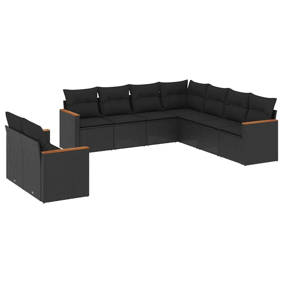 Salon de jardin 9 pcs avec coussins noir résine tressée - 2