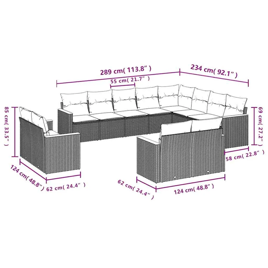 Salon de jardin 12 pcs avec coussins noir résine tressée - 7