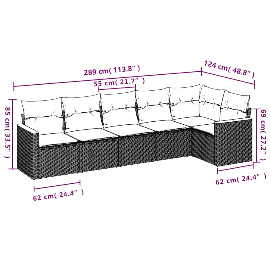 Salon de jardin 6 pcs avec coussins noir résine tressée - 7