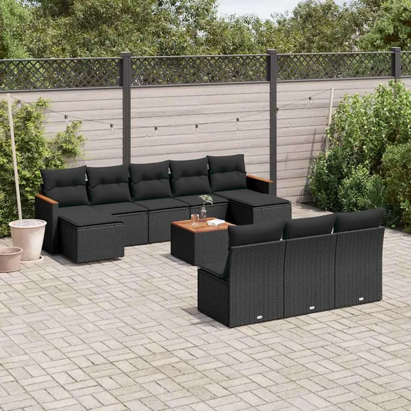 Salon de jardin 11 pcs avec coussins noir résine tressée
