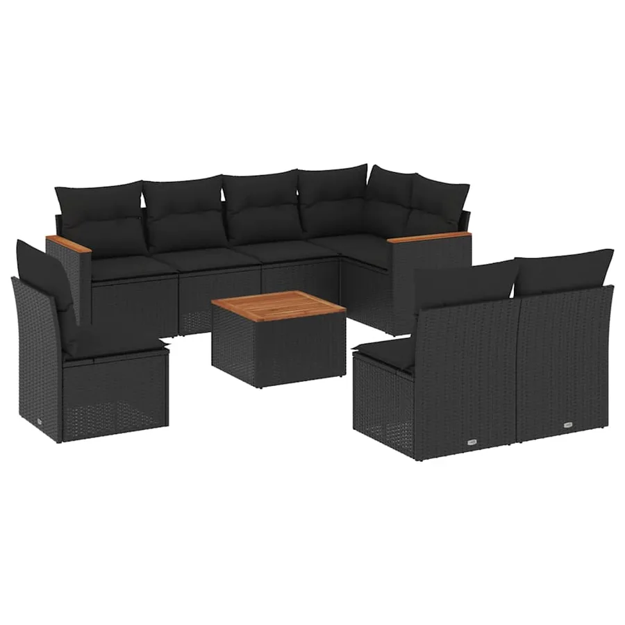Salon de jardin 9 pcs avec coussins noir résine tressée - 2