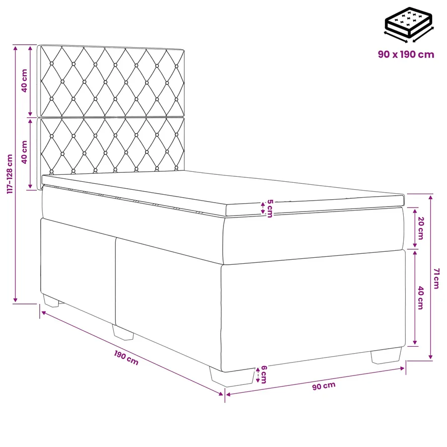 Lit boxspring LED avec matelas Gris foncé 90 x 190 cm Velours - 11