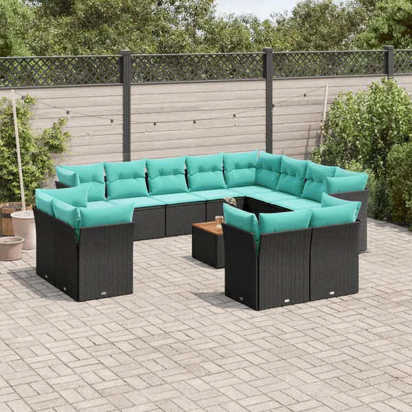 Salon de jardin avec coussins 13 pcs noir résine tressée