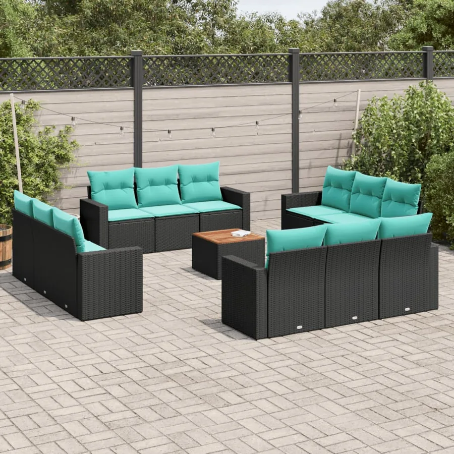Salon de jardin avec coussins 13 pcs noir résine tressée